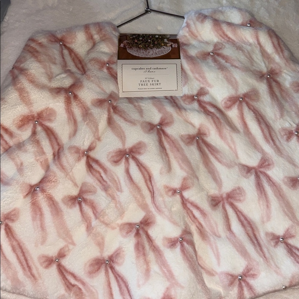 Cupcakes and cashmere Pink Bow & White with pearls Faux Fur Christmas Tree Skirt